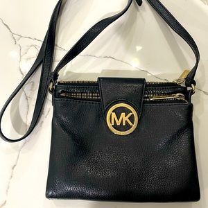 Michael Kors Small Crossbody Purse in Black Leather with Gold Accents